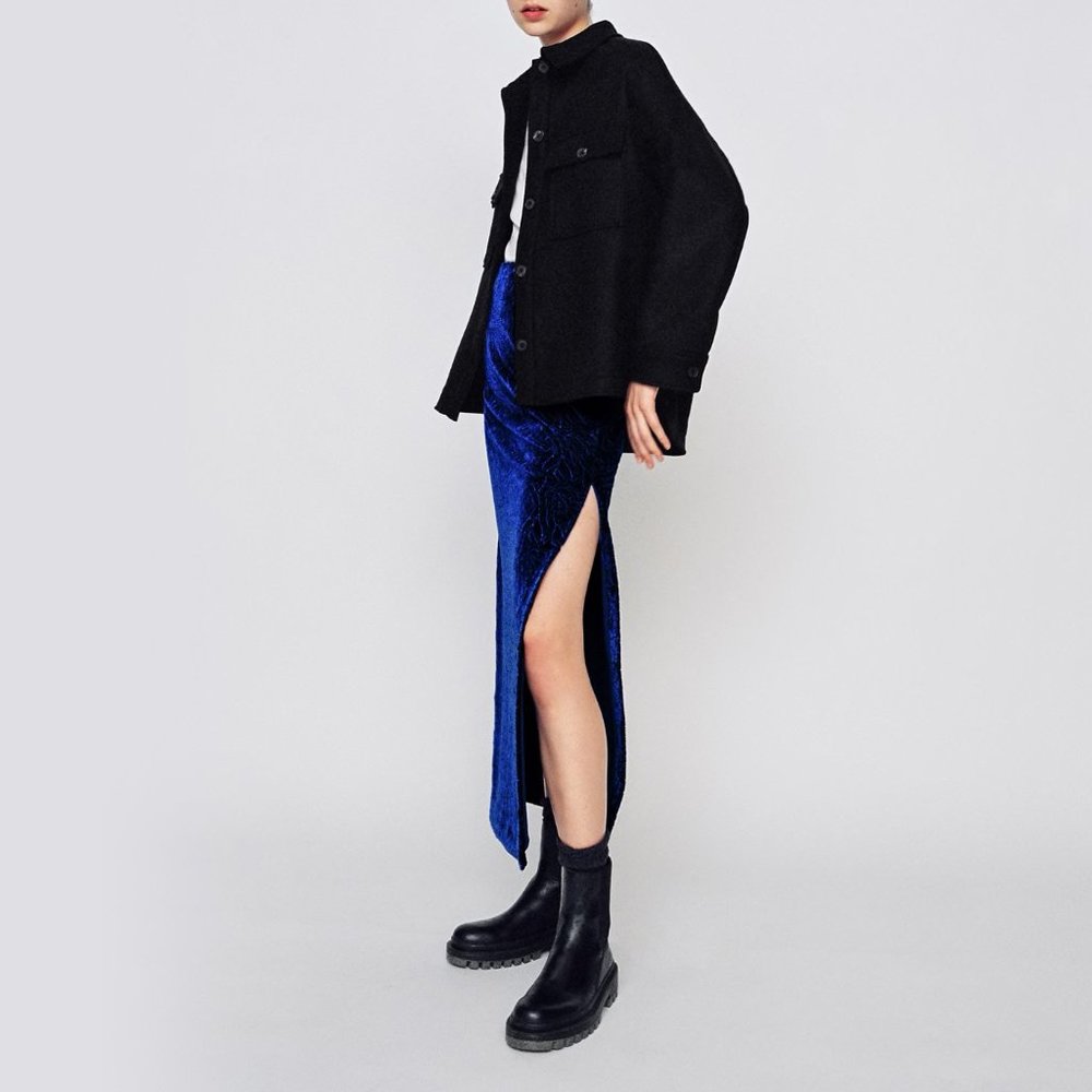 Zara royal blue stitched jacquard velvet midi skirt